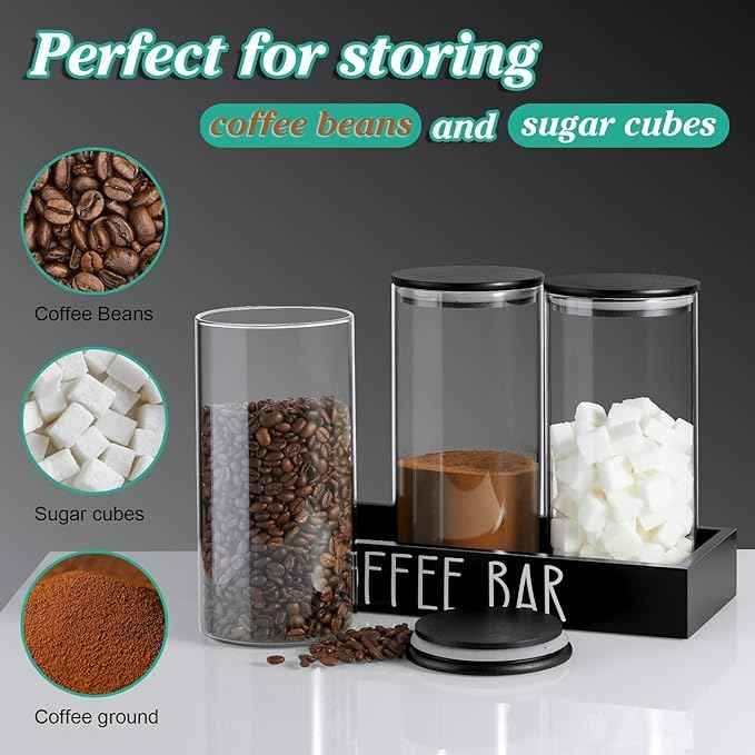 Glass Coffee Canister for Ground Coffee - 3Pcs 45oz Coffee and Sugar Container Set with Airtight Bamboo Lids and Black Tray - Farmhouse Coffee Bean Storage Jars for Coffee Bar Decor and Accessories