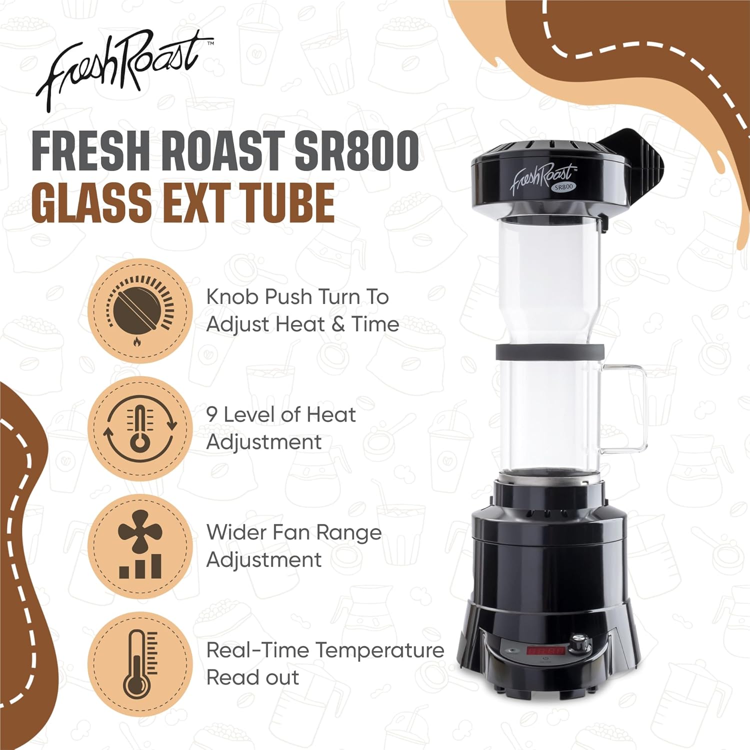 Fresh Roast Coffee Roaster Bundle SR800, Glass Extension Tube, Coffee Bean Cooler, (2 Lbs) Sample Pack of Green Beans, (2- pack) Sample trays