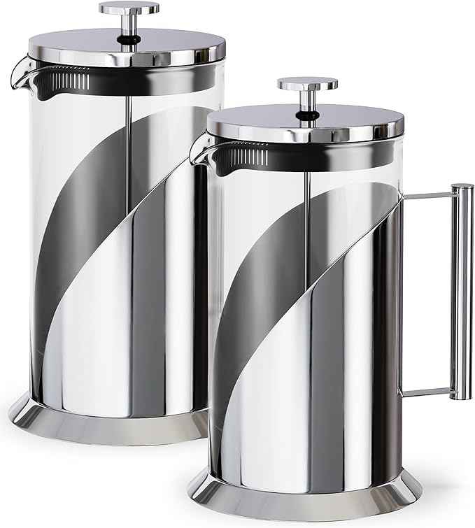 Cafe Du Chateau Stainless Steel French Press Coffee Maker 34 oz – Insulated Coffee Press with 4-Level Filtration, Manual Brewer for Tea, Camping & Travel, BPA-Free Glass (Pack of 2)