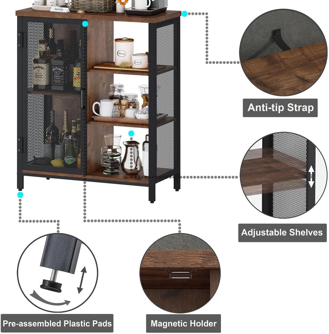 BON AUGURE Coffee Bar Cabinet for Home Liquor, Small Storage Cabinet for Kitchen and Entryway, Farmhouse Industrial Buffet Sideboard Credenza with Adjustable Shelves (Rustic Oak)