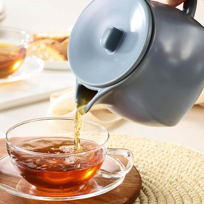 Tea Forte Ceramic Teapot with Removable Stainless Steel Infuser Basket and Lid, Steeps 24 oz. Loose Leaf Tea, Dishwasher & Microwave Safe, Gifts for Mom, Stone Blue