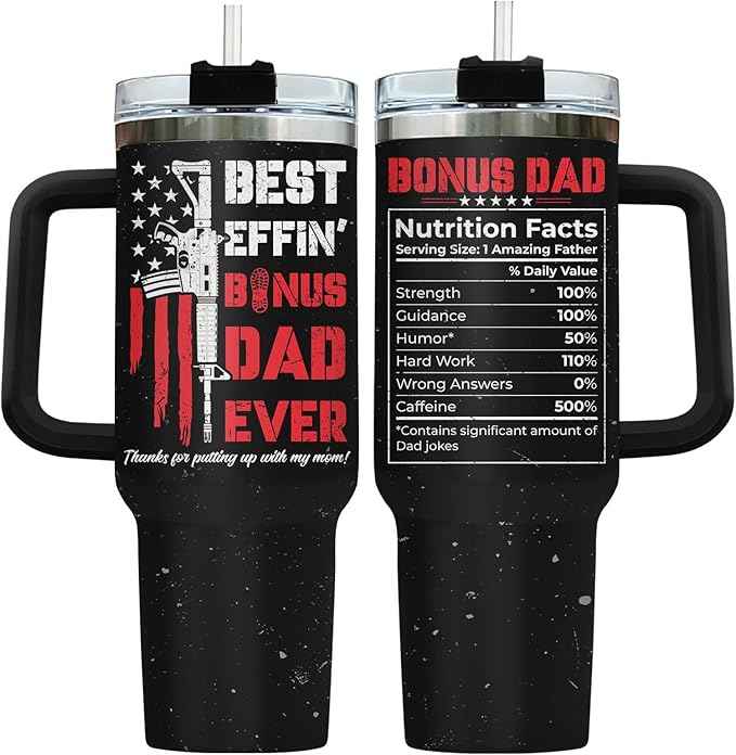 34HD Best Bonus Dad Ever Tumbler 40oz with Handle Lid and Straw, Funny Nutrition Facts Step Dad Gift, Patriotic American Flag, Insulated Cup for Men & Stepfather, Father’s Day Birthday Present