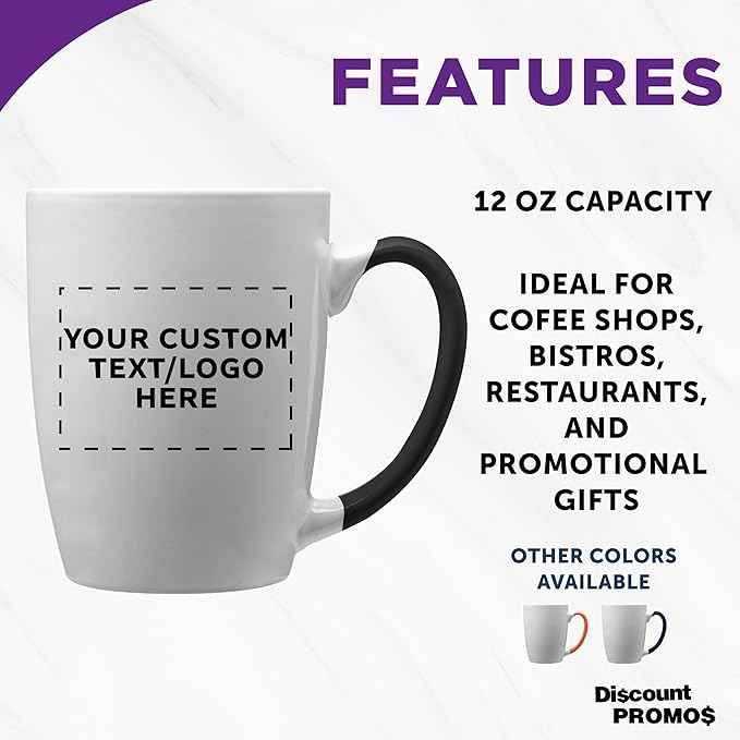 DISCOUNT PROMOS Custom Java Two-Tone Coffee Mugs 12 oz Set of 10/50/100 Personalized Bulk Pack for Coffee Tea Espresso Hot Cocoa Other Beverages - Black