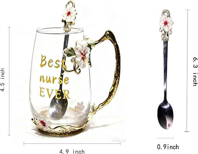 National Nurses Day Flower Glass Cup with Unique Flower Printing and Spoon - Ideal Nurse Christmas Gift (Nurse)
