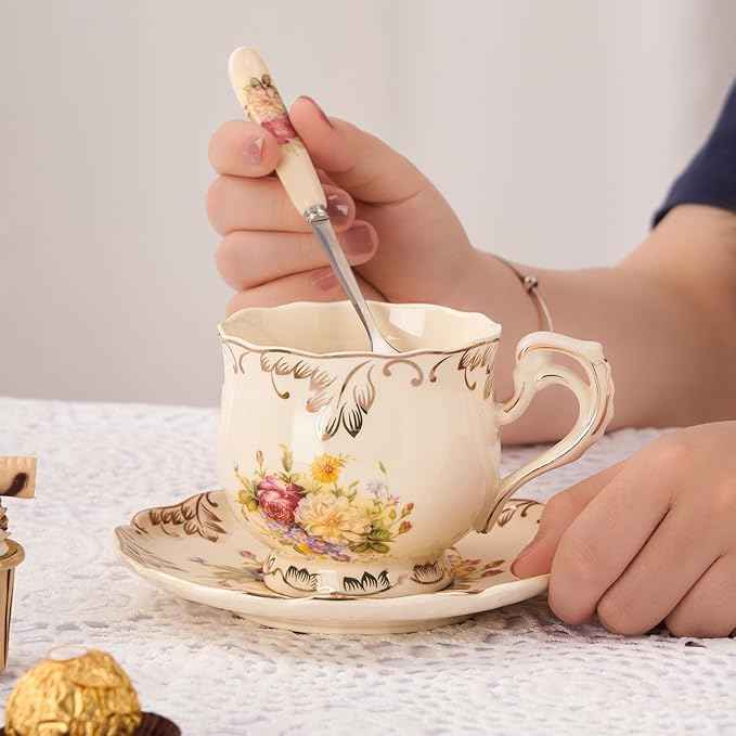 YOLIFE Tea Cups and Saucers Set of 6, Ivory Porcelain Tea Cups Set with Stand, Floral with Gold Leaves Trim Design, Gift for Women (Includes Gift Box, Tote Bag, Greeting Card)
