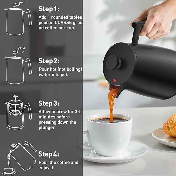 Secura 50oz French Press Coffee Maker – 304 Stainless Steel, Insulated Coffee Press with Extra Filter, Black