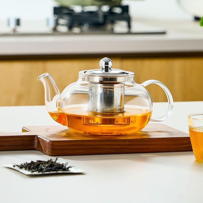 Baalaka Glass Teapot Stovetop 20 OZ/600ml, Tea pot with Removable 18/8 Stainless Steel Infuser, Borosilicate Clear Tea Kettle, Teapot Blooming and Loose Leaf Tea Maker Tea Brewer for Camping, Travel