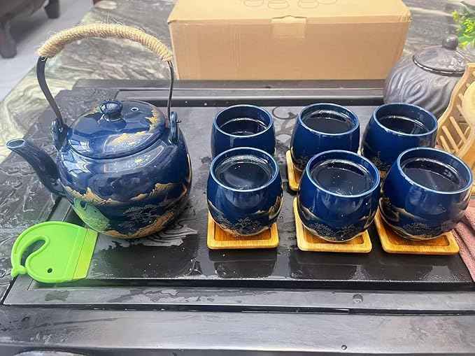 Gift Set Japanese Tea Set, Asian Black Glazed Ceramic Tea Set - Contains 1 Teapot, 1 Tea Strainer and 6 Teacups. Ideal for Home, Outdoor, Office (Blue1)