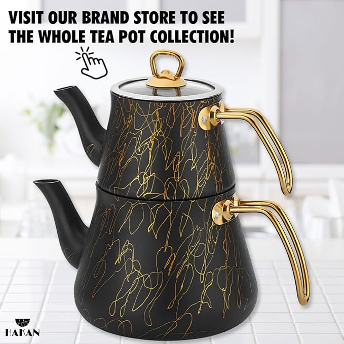Hakan Black & Gold Avangarde Granite Teapot Set | Keeps Heat, Stovetop Safe, Stainless Steel Handle | Turkish Black Tea Pots with Gold Detail Design | 42.3 oz Tea Pot with Lid + 93 oz (Gold Handles)