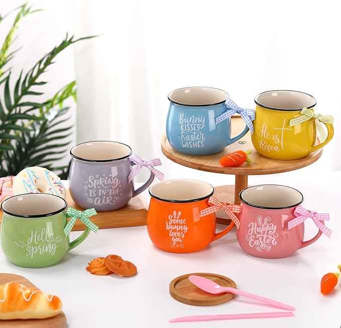 Sawysine Easter Mugs Set of 6, 12 oz Gift Drinking Mugs for Hot Cocoa Coffee Milk Tea Party Cups for Kids Spring Holiday Gift (Easter Style)