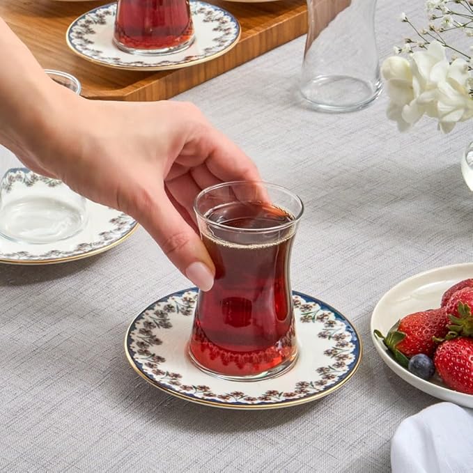 Karaca Florus Turkish Tea Glasses Set, 12-Piece Tea Glass, Tea Set for 6 People (Cay Bardagi Set), Tea Glasses with Floral Pattern and Blue Edge