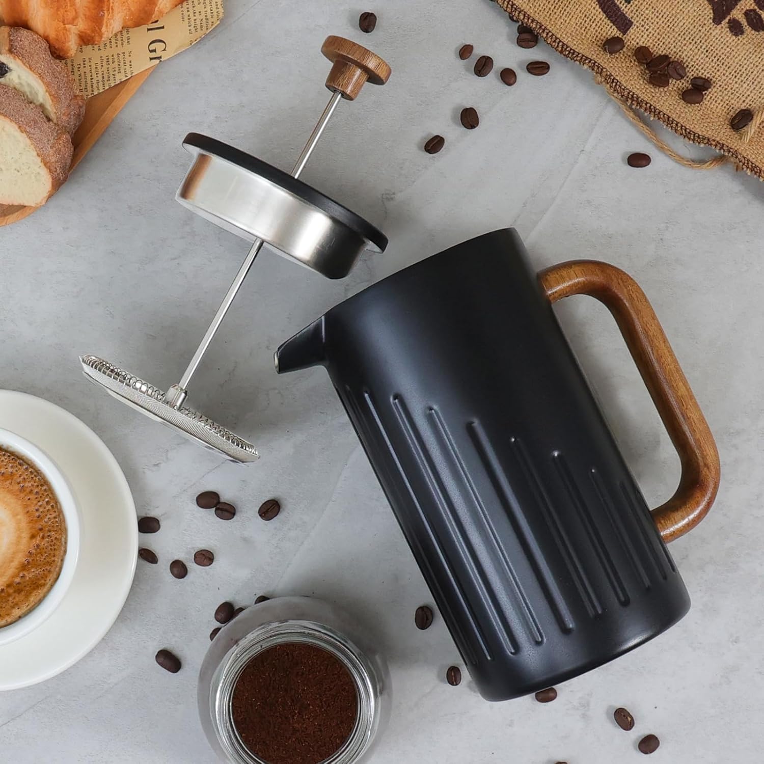 Rorence 34oz French Press Coffee Maker, Coffee Press with Real Wood Handle & Plunger Head, Double Wall Insulation & Dual-Filter Screen, incl. replaced filters & instructions, Black - Blissbrew
