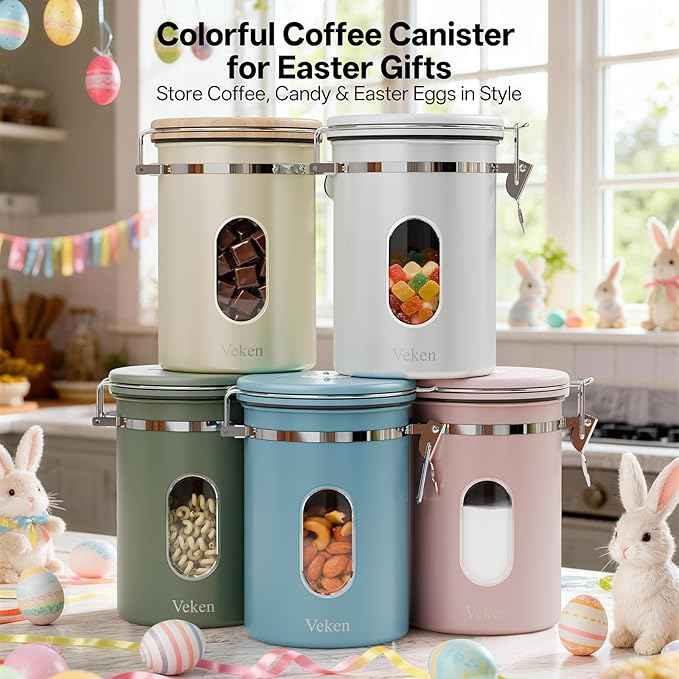 Veken Coffee Canister with Window, Easter Gifts Airtight Stainless Steel Container with Lids, Home Kitchen Food Storage Jars for Grounds, Beans, Tea, Flour, Cereal, Sugar, Basket, Scoop, 22OZ, Green