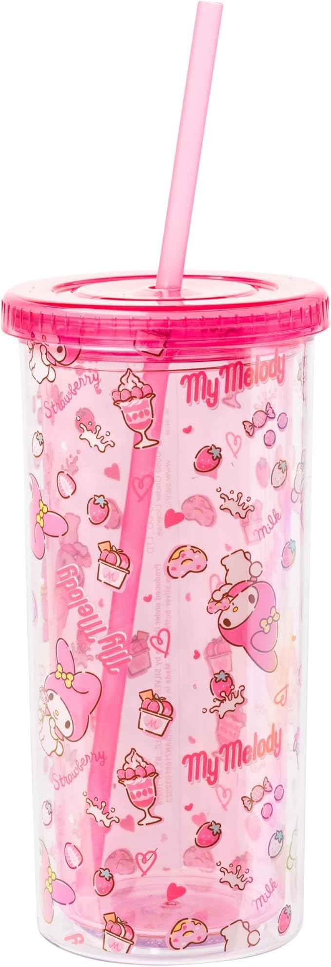 Silver Buffalo Sanrio Hello Kitty & Friends My Melody Strawberry Donut and Milkshake Pattern Plastic Cold Cup with Lid and Straw, 20 Ounces (Pack of 12)
