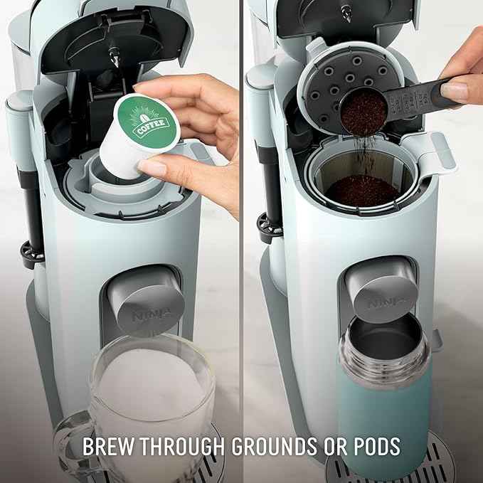 Ninja Pods & Grounds Specialty Single-Serve Coffee Maker, K-Cup Pod Compatible, Built-In Milk Frother, 6-oz. Cup to 24-oz. Travel Mug Sizes, Iced Coffee Maker, Glacier Blue, PB051GB