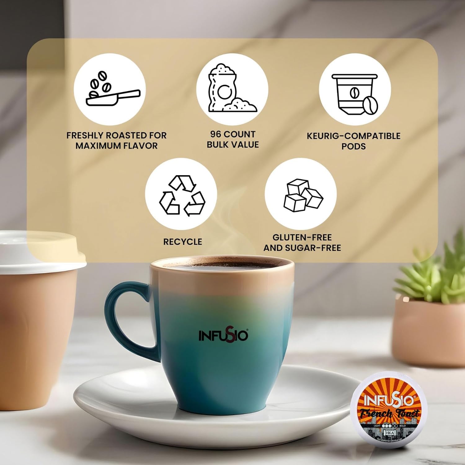 InfuSio Coffee Pods 96 Count French Toast Medium Roast Single Serve Coffee Pods for Keurig K Cups Brewers - InfuSio Premium Roasted Keurig 2.0 Compatible
