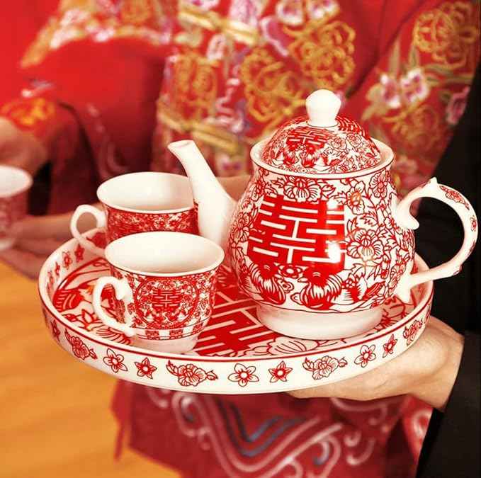 Chinese Tea Gift Set Service Porcelain Tea Pot 4 Cups tray for Adults Men Women Tea Ceremony Wedding Party Home Decor (Double Happiness（Chinese xi）)