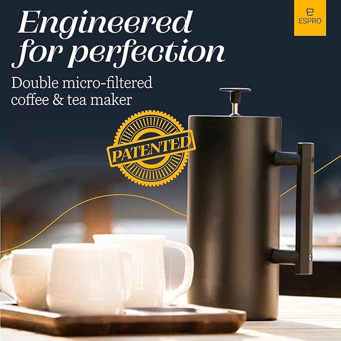 ESPRO P6 32 Ounces French Press Coffee Maker, Double Walled Stainless Steel Insulated, Matte Black