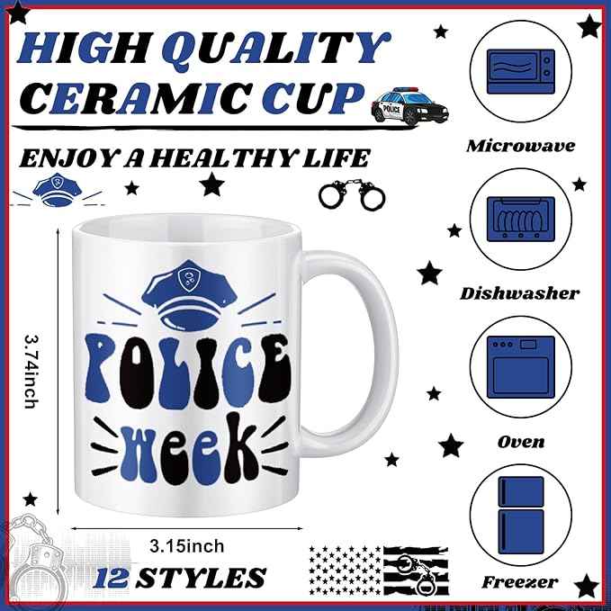 12 Pcs Police Gifts Cups National Police Week 11oz Ceramic Mugs Cup Bulk Gifts for Officers Coffee Mugs Tea Milk Latte Hot Chocolate Responders Policeman Policewoman