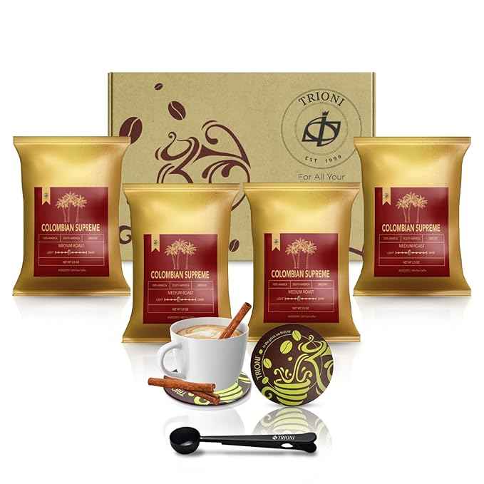 Colombian Coffee Sampler Gift Set Includes Four (4x2.5oz) Ground Coffee Medium Roast Individual Coffee Packets with Cinnamon Sticks, Coaster, Clip and Spoon. Coffee Gifts for Coffee Lovers by TRIONI