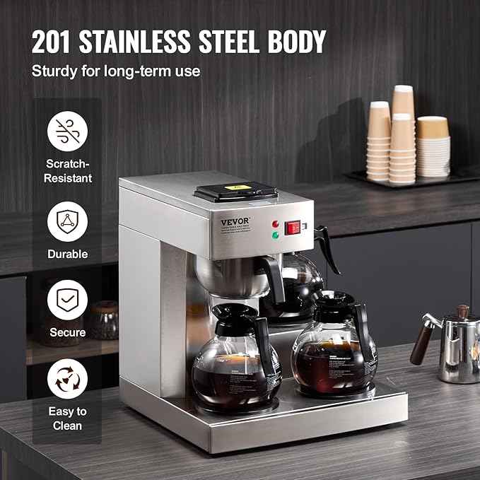 VEVOR 12 Cups Commercial Drip Coffee Maker, Coffee Maker Machine with 3 Glass Carafes and 3 Warmer Plates, Stainless Steel Pour Over Coffee Brewer for Restaurant, Office, Cafe