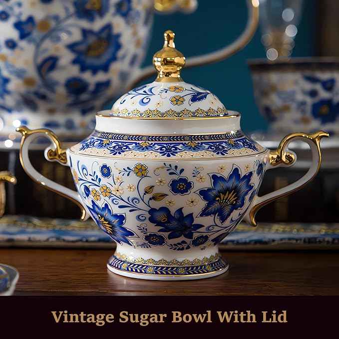 ACMLIFE Bone China Tea Set for 6, Blue and White Tea Set for Adults 24K Gold, Vintage Floral British English Cups and Saucers for Women Party or Gift Giving (Blue)