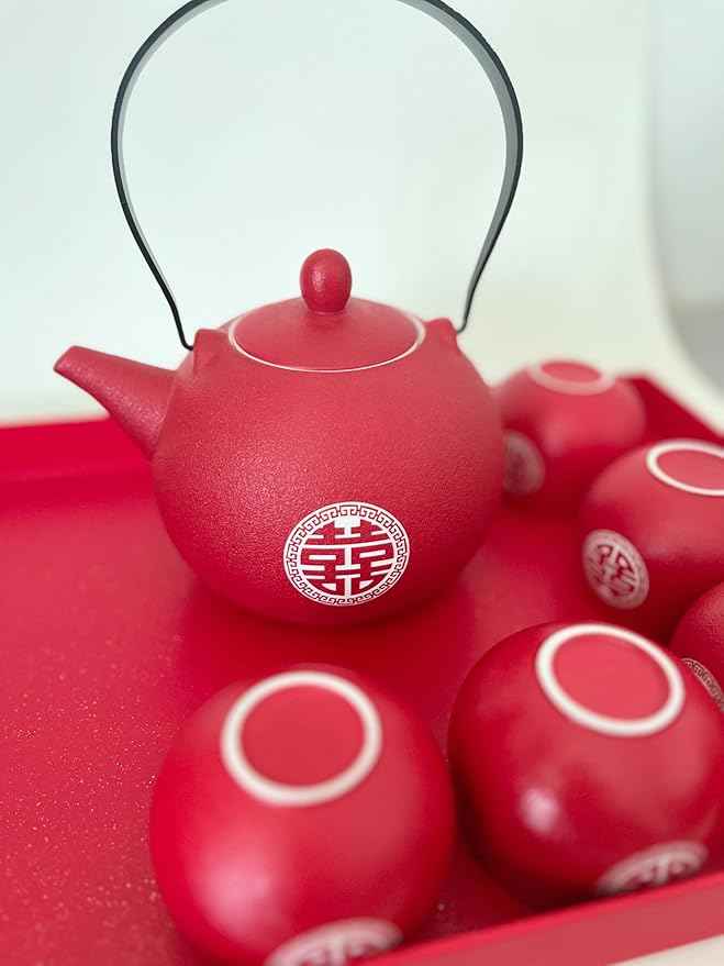 Red Chinese Wedding Tea Set - Traditional Ceramic Double Happiness Tea Ceremony Set with 1 Teapot, 8 Teacups, Gift Box - Chinese Tea Set for Engagements, Bridal Showers and Couples' Gifts
