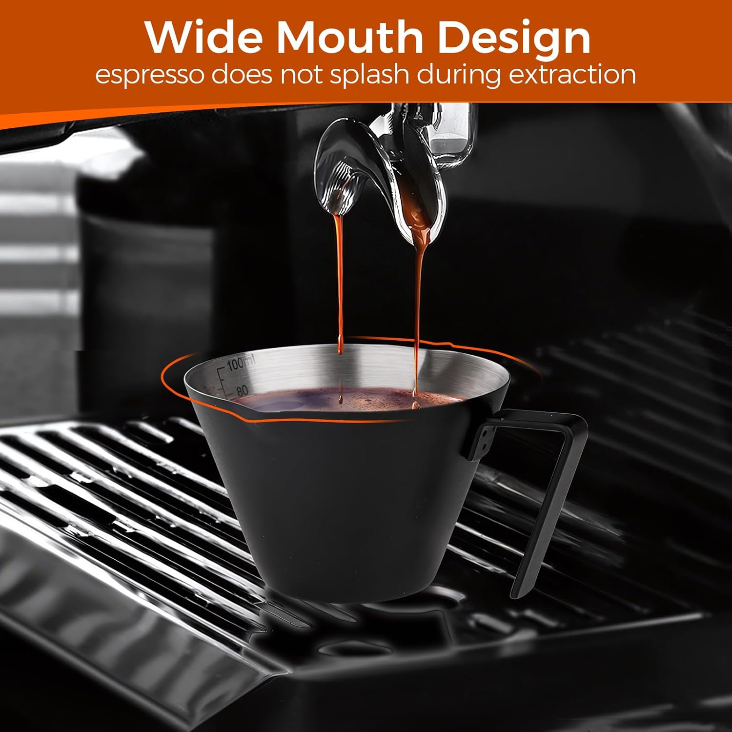 YARRAMATE 2Pcs Stainless Steel Espresso Shot Cup, Double Spout Metal Espresso Measuring Cup with V-Shaped Mouth, Espresso Accessories, 3.4OZ/100ML (Black)