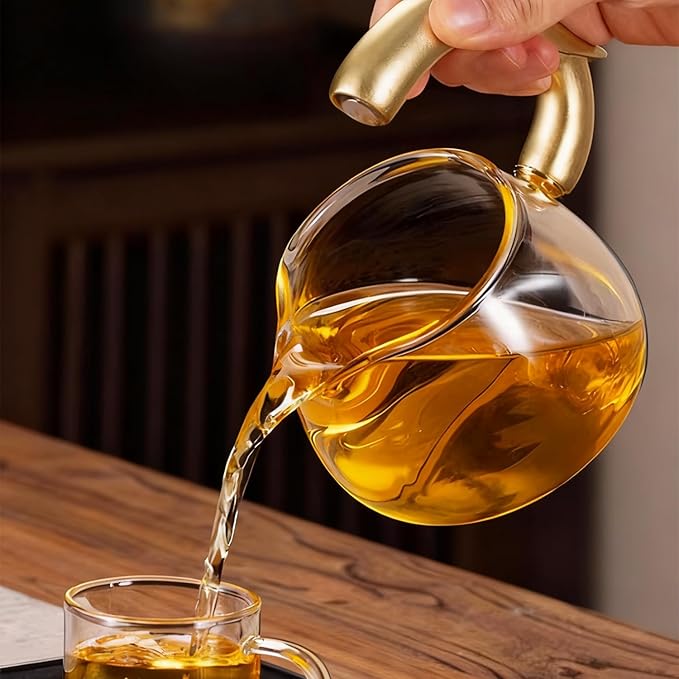Lazy Kungfu Glass Tea Set Heat Resistant Semi Automatic Drip Rotating with Infuser Magnetic Teapot Set for Gongfu Tea Making Ideal (Gold)
