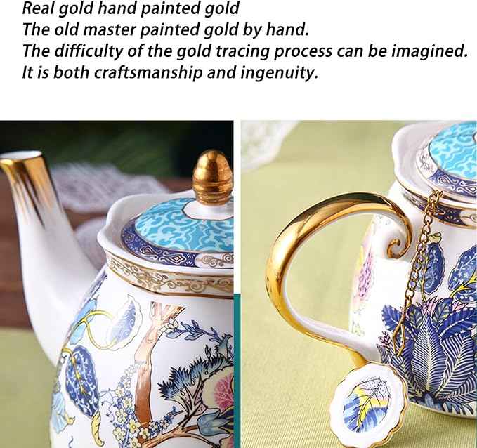 Generic 3 Pieces,Ceramic Blue Birds and Flowers Tea for One Set, Luxury Pot Tea Cup and Saucer Set with Teapot, for Room Decoration Party Service,Gift Package
