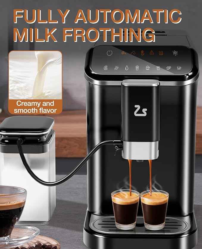 Zstar Fully Automatic Espresso Machine with Milk Frother, Professional Espresso Maker with Grinder, Auto-Cleaning, One-Touch Operation, 1.5L Water Tank for Latte, Cappuccino, Macchiato