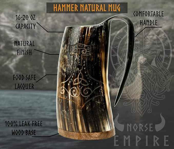 Viking OX Horn Mug,16–20oz (Worthy Mjolnir) Ox Horn Cup & Coffee Stein | Stylish & Handmade Present for Men and Women, Home Accessories | Shot Glasses for Mead, Ale, Whisky and Beer Cup…