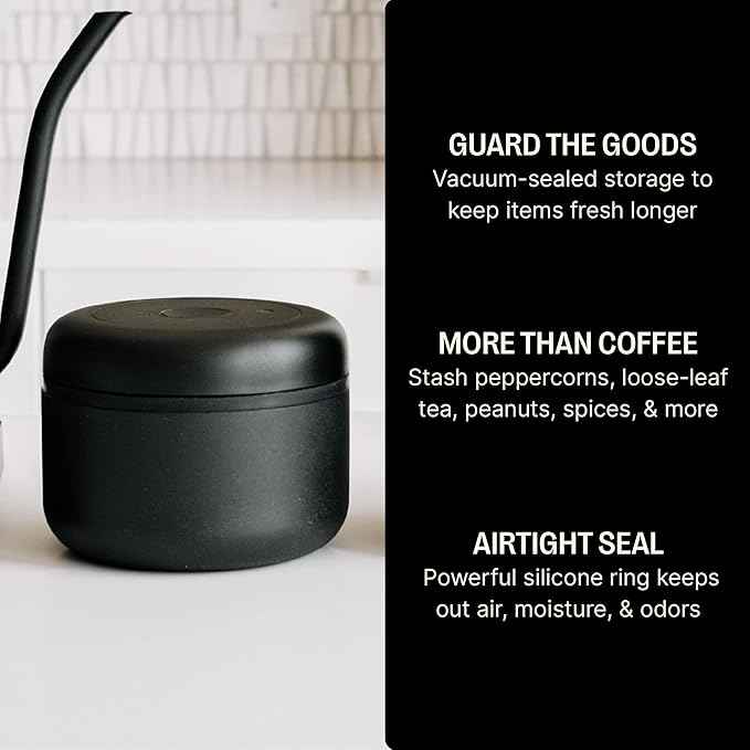 Fellow Atmos Vacuum Coffee Canister – Stainless Steel Airtight Food Storage Container for Ground Coffee, Beans, Espresso, Tea & Spices, BPA-Free Vacuum Seal Lid – 0.4 Liter (Holds 6 oz) Matte Black