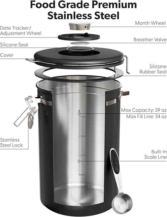 Veken Large Coffee Canister with Window, Kitchen Food Storage Airtight Stainless Steel Container for 2.2lbs Coffee Beans, Grounds, Rice,Tea, Flour, Cereal, Sugar Jars,Date Tracker and Scoop 39oz,Black