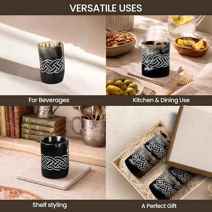 Handicrafts Home Viking Horn Shot Glasses Set of 4, Handmade Natural Ox Horn, Rustic Viking Drinkware Whiskey Shot Cups, Father’s Day Gifts, Medieval Decor Gift Set for Men & Groomsmen, Birthday Gifts