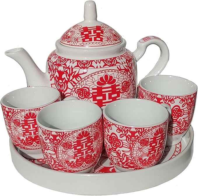 Chinese Tea Gift Set Service Porcelain Tea Pot 4 Cups tray for Adults Men Women Tea Ceremony Wedding Party Home Decor (Double Happiness S)