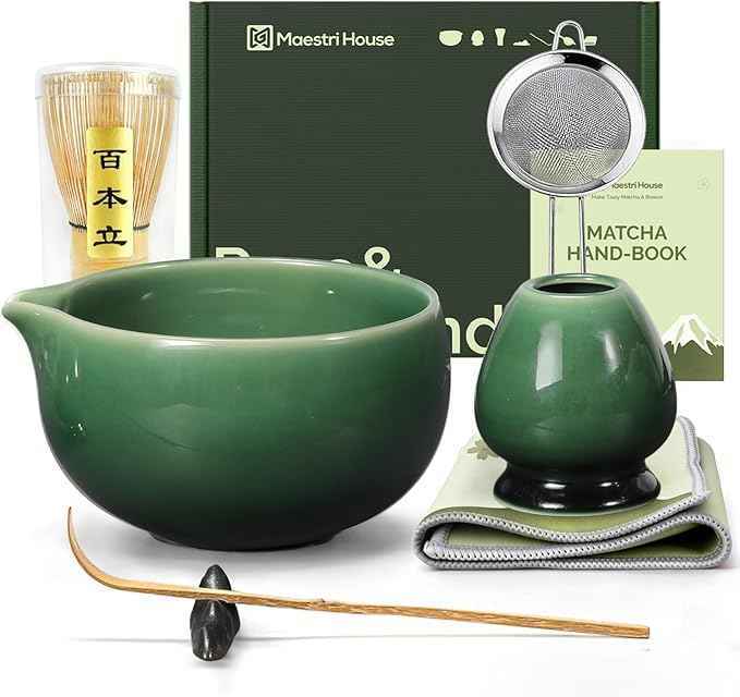 Maestri House Matcha Whisk Set, 7-Pc Complete Matcha Kit with Spouted Ceramic Bowl, Bamboo Whisk and Holder, Scoop, Spoon Rest & Sifter, Tea Cloth – Ideal Gift for Matcha Lovers (Emerald Kanso)