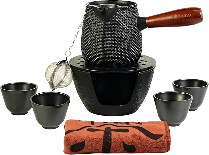 600ml Cast Iron Teapot Set, Japanese Tea Kettle for Stovetop without Lid, 20.3 fl oz Tea Set with Stainless Steel Teacups and Cast Iron Tea Warmer, Tea Ball for Loose Leaf, Wooden Side-handle