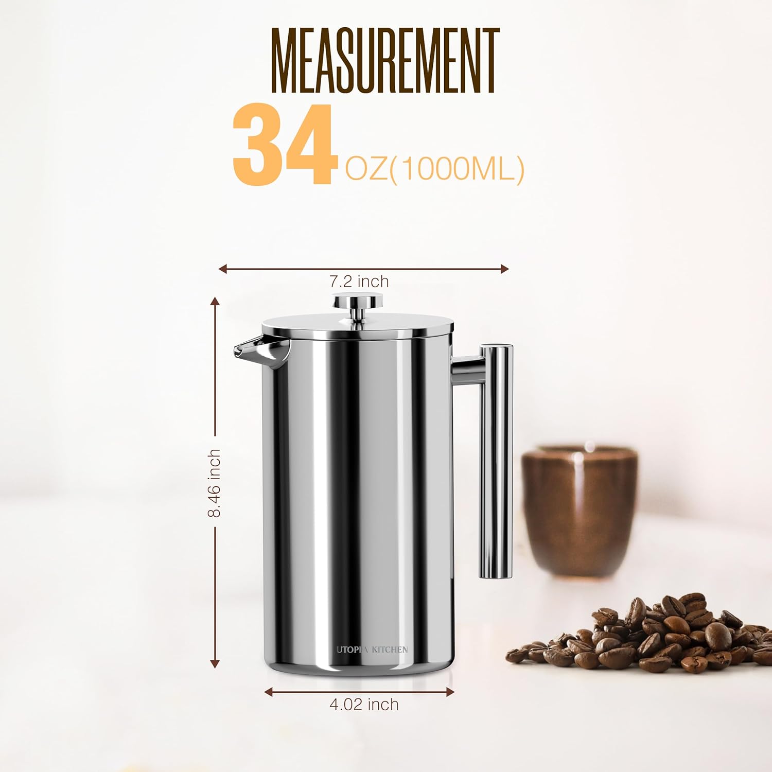 Utopia Kitchen Stainless Steel French Press Coffee Maker 34 Oz (1 Litre) with 2 Extra Filters, French Press Coffee & Tea Maker for Kitchen & Camping, Cold Brew Cafetiere, Silver - Blissbrew
