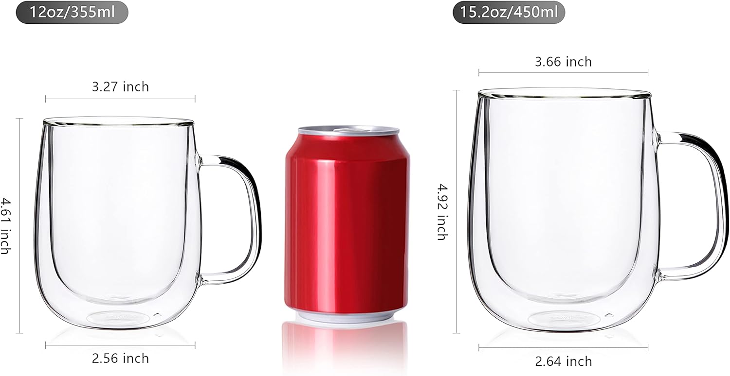 CNGLASS Glass Coffee Mugs 12oz,Double Wall Insulated Mug Set with Handle,Clear Glass Espresso Mugs for Latte,Cappuccino,Tea Bag,Hot and Cold Beverages,Set of 2
