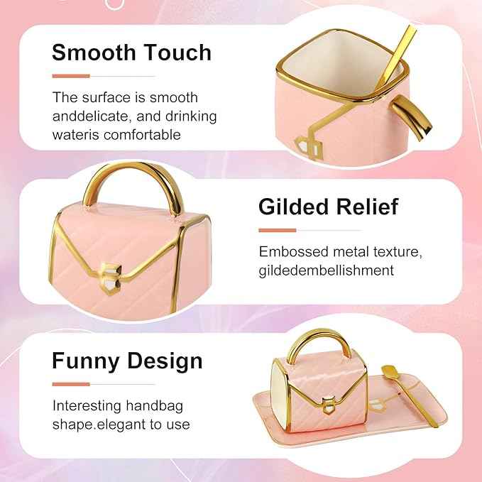 Handbag Shaped Mug, Handbag Coffee Mug And Saucer, Purse Coffee Ceramic Mug Set 10 Oz/ 310 ml Cute Creative Design Travel Tea Cup for Women Thanksgiving Christmas Gifts