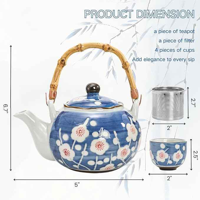 Japanese Tea Set, Ceramic Floral Tea Pot and 4 Pieces Cups with Infuser Bamboo Handle, Traditional Bone China Teapot Kit Gift for Coffee, Water, Home, Office