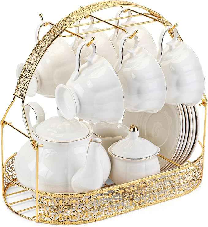 CHENP.HMC Tea Set 22-Piece Porcelain Ceramic Coffee Tea Gift Sets Cups Saucer Service for 6 Teapot Sugar Bowl Creamer Pitcher and Teaspoons (WHITE3)