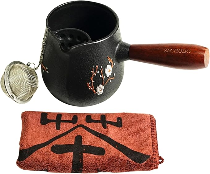 Small Cast Iron Teapot, Japanese Style Tea Kettle without Lid, 20.3 fl oz Tea Pot with Stainless Steel Tea Ball for Loose Tea, Wooden Side-handle Tea Set for Stovetop Safe(600ml)