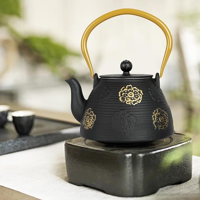 Ufine Cast Iron Teapot with Infuser for Loose Leaf Tea Japanese Style Tea Kettle for Stove Top, Enameled Interior Sakura Design (Black,40oz/1200ml)