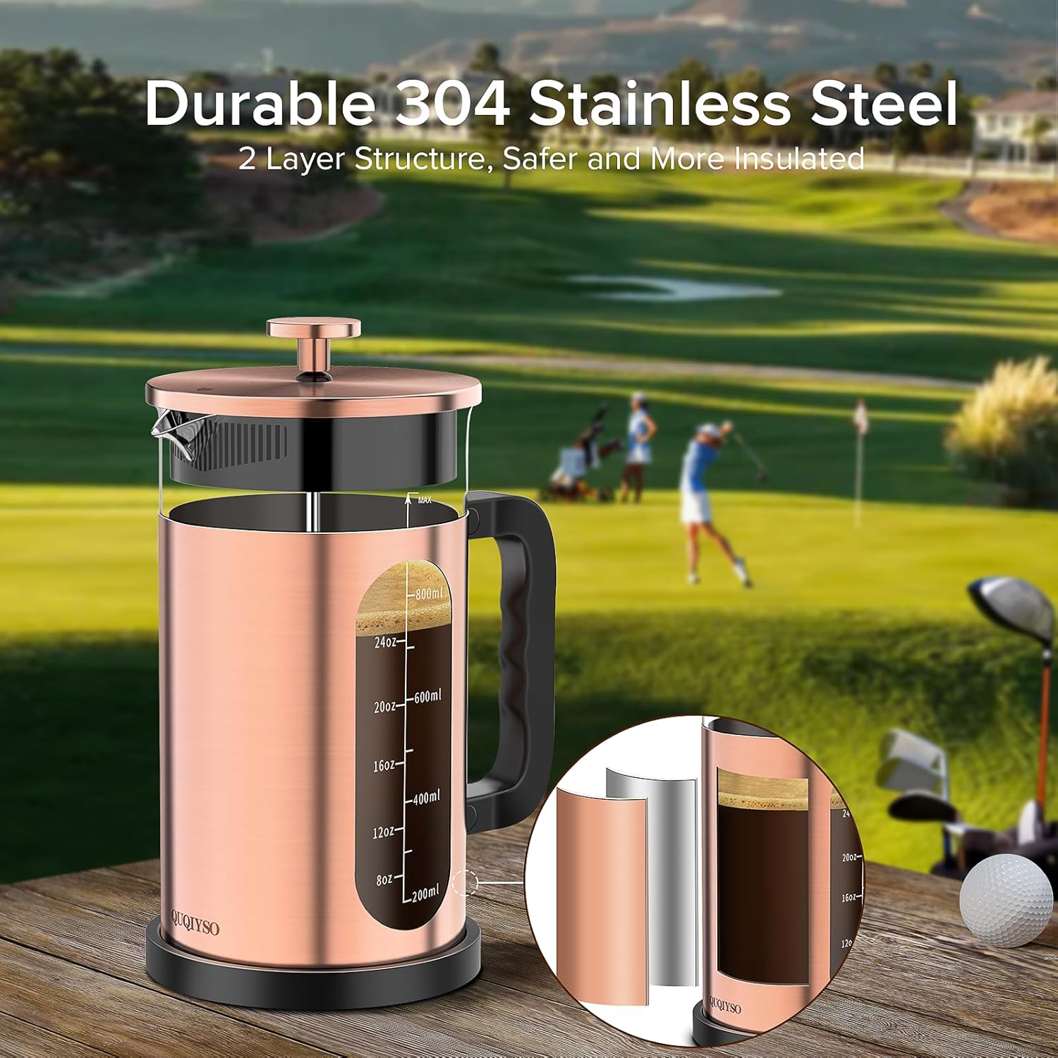 QUQIYSO French Press Coffee Maker, 304 Stainless Steel French Press with 4 Filter, Heat Resistant Borosilicate Glass, Easy to Clean, BPA Free Coffee Press Rust-Free Coffee Maker, 34 ounce, Copper - Blissbrew