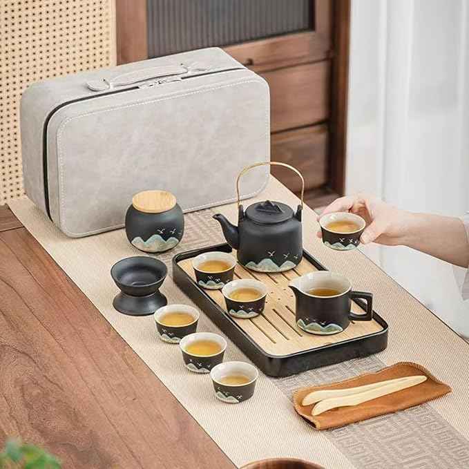 Chinese Gongfu Tea Set, 15-Piece Ceramic Tea Service with Teapot, 6 Cups, Storage Jar, Tea Tray, Black and Teal Mountain Design with Gray Travel Case