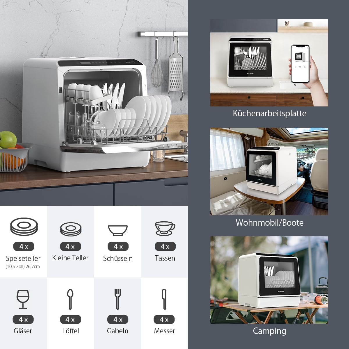Portable Dishwasher Countertop, WIFI Smart Dishwasher, Compact Mini Dishwashers with 5L Built-in Water Tank, 6 Programs, 360° Dual Spray, High-Temp& Air-Dry Function, Fruit Cleaning - Blissbrew