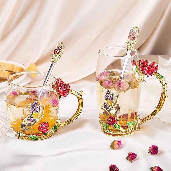 Tea Cup Gifts for Mom Women Mothers Day Glass Coffee Enamels Mug Birthday Butterfly Rose Gifts for Her Valentines Day Christmas Tea Cup with Spoon