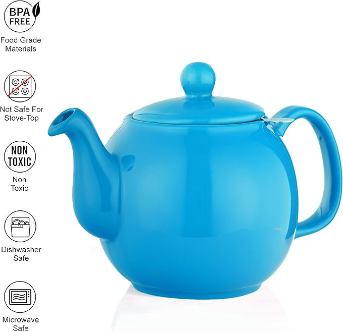 SAKI Large Porcelain Teapot, 48 Ounce Tea Pot with Infuser, Loose Leaf and Blooming Tea Pot - Blue
